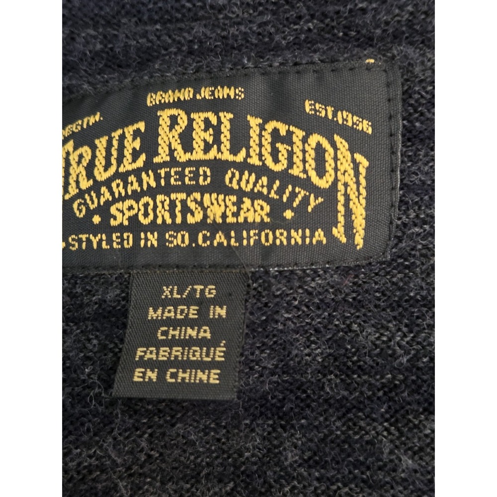 True Religion Cardigan Wool‎ Sweater Men's XL Button Up Preppy Charcoal Academia - Picture 7 of 10